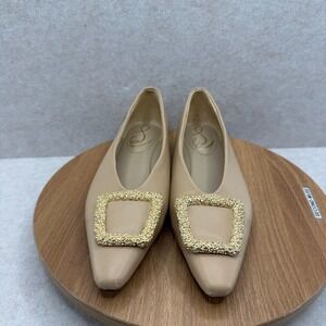 Sam Edelman Pointed Toe Buckle Flats Size 6.5 Beige Leather Gold Hardware Chic